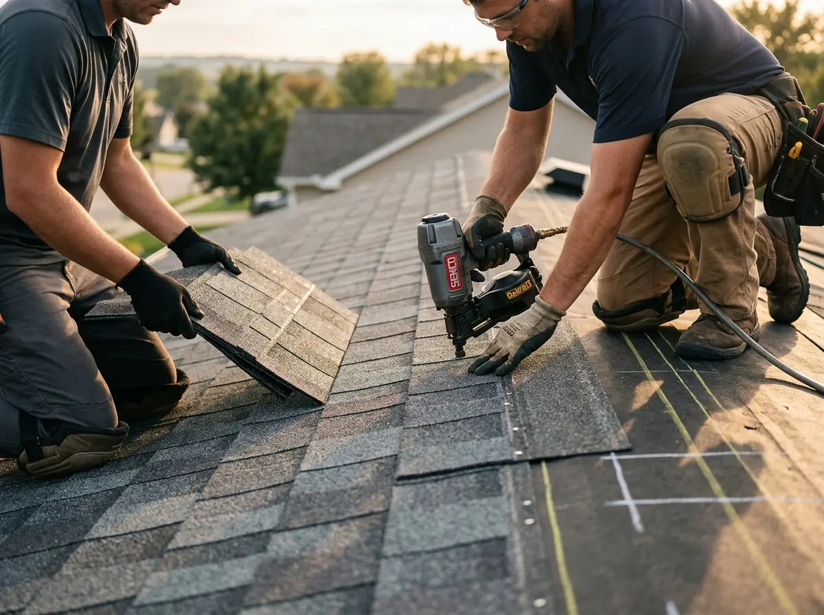 Professional roofer working on a residential roof in Bellefontaine Neighbors